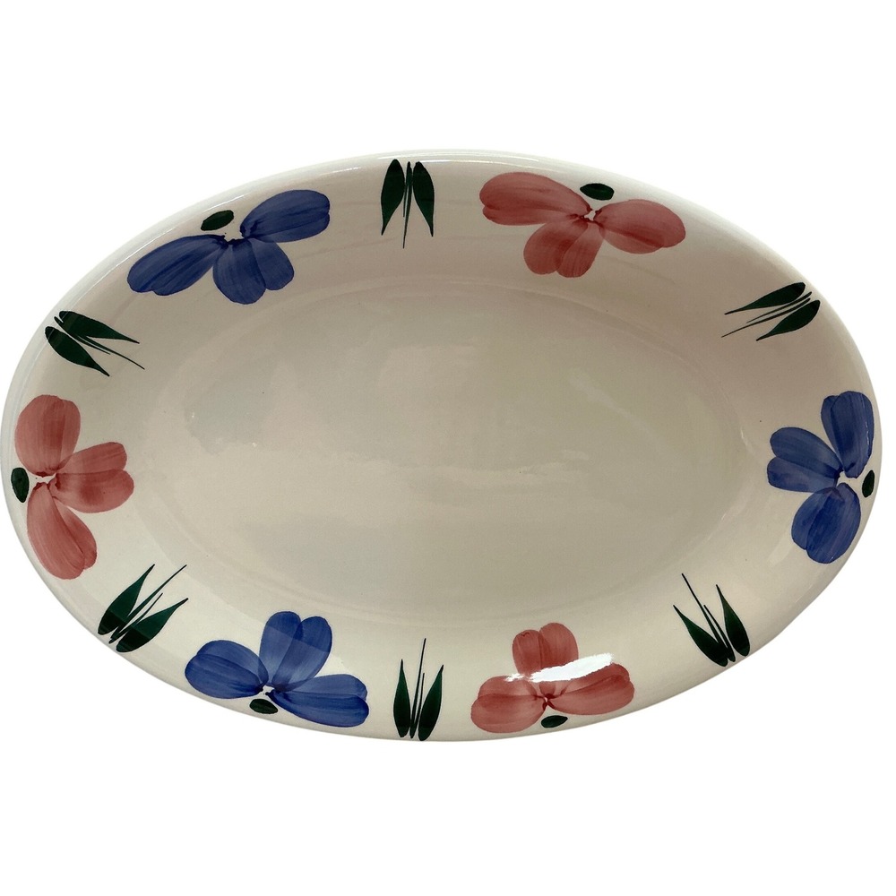 Vintage Furio Italy Oval Serving Platter Hand Painted Floral Blue Pink 16"